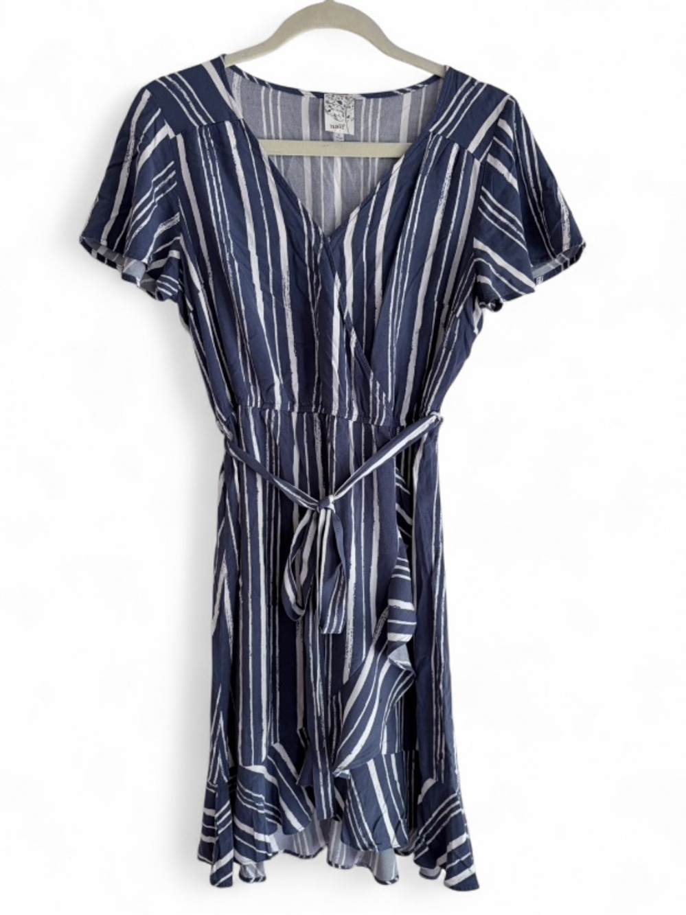 Naif Navy Blue and White Striped Wrap Front Belted Ruffle Dress Size L